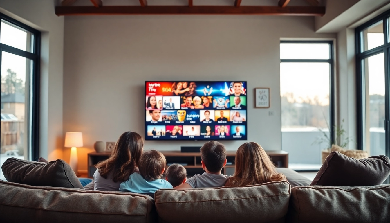 Comprar IPTV en una moderna sala de estar con familia disfrutando de contenido streaming.