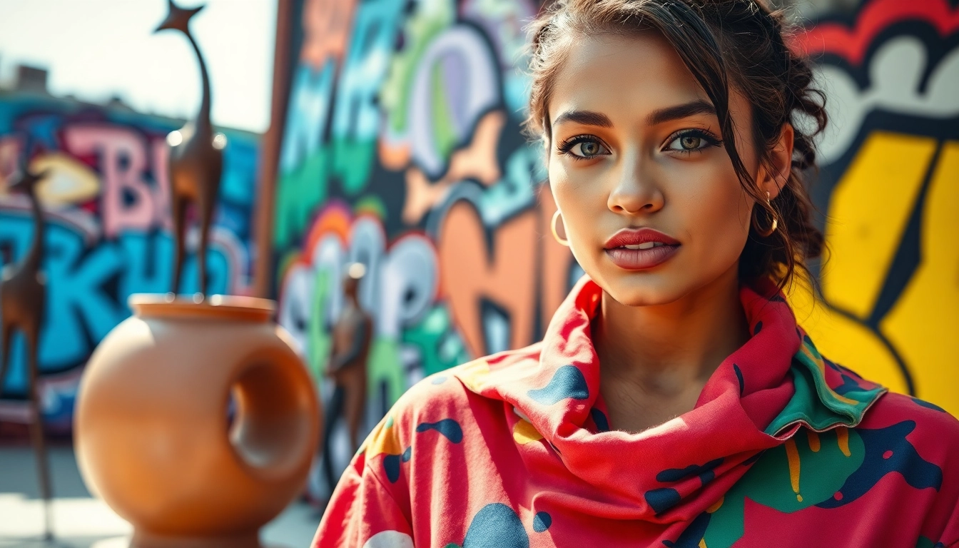 Showcasing premium art clothing Calgary in an artistic urban setting with vibrant colors.