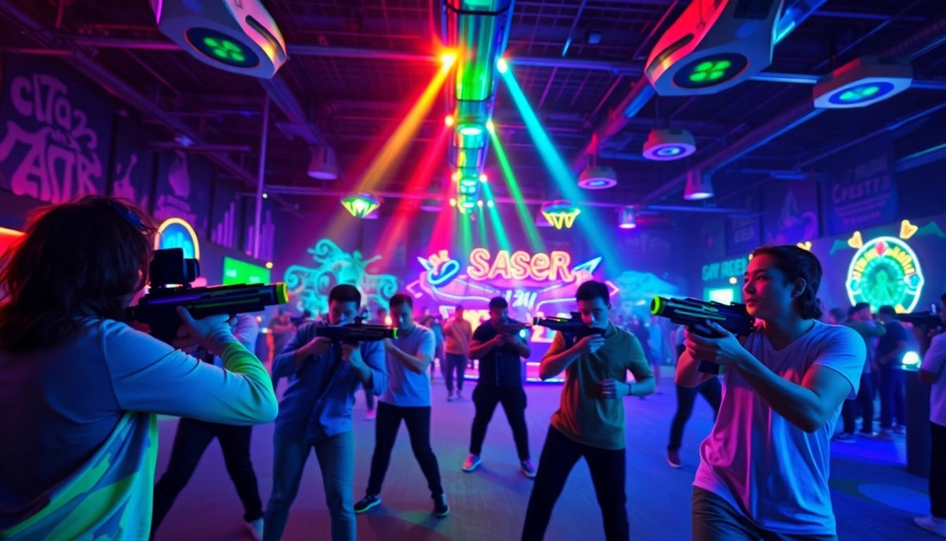 Players enjoying an exciting laser tag match in a colorful arena filled with lights.