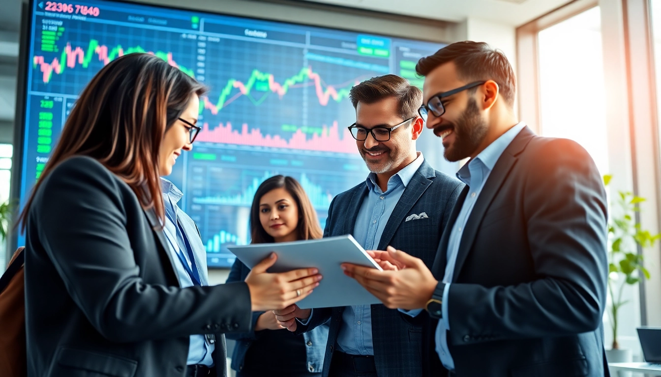 Engaged investors discuss strategies for social trading in a modern office setting.