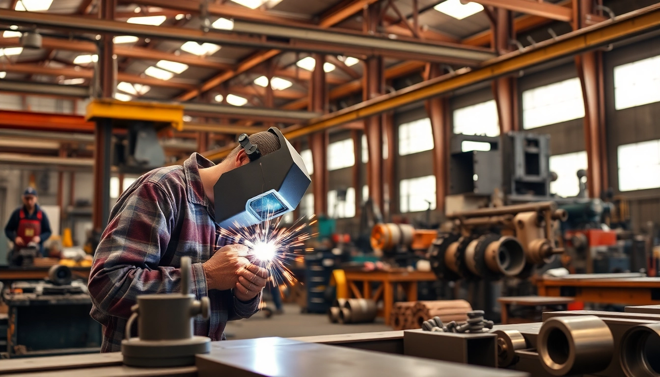 Skilled artisans working in a busy steel fabrication shop, showcasing precision metalwork.