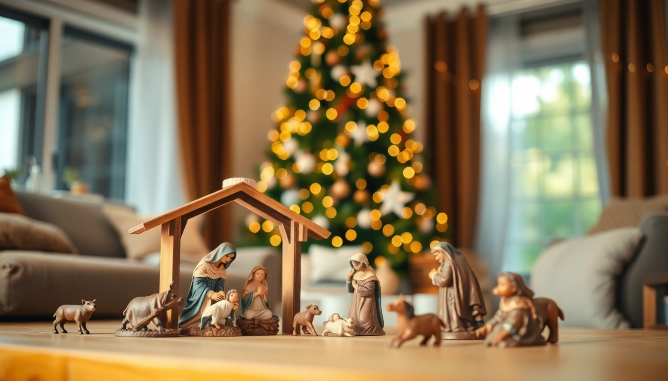 Beautiful nativity sets thoughtfully arranged in a living room, showcasing holiday elegance.