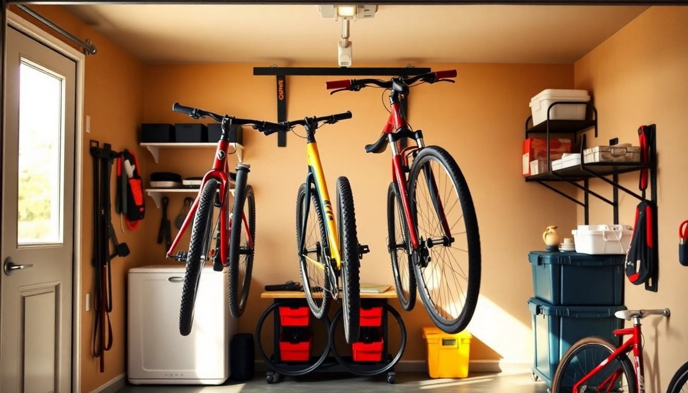 Showcasing a space-saving bike rack with bikes mounted neatly, maximizing storage in a modern garage.