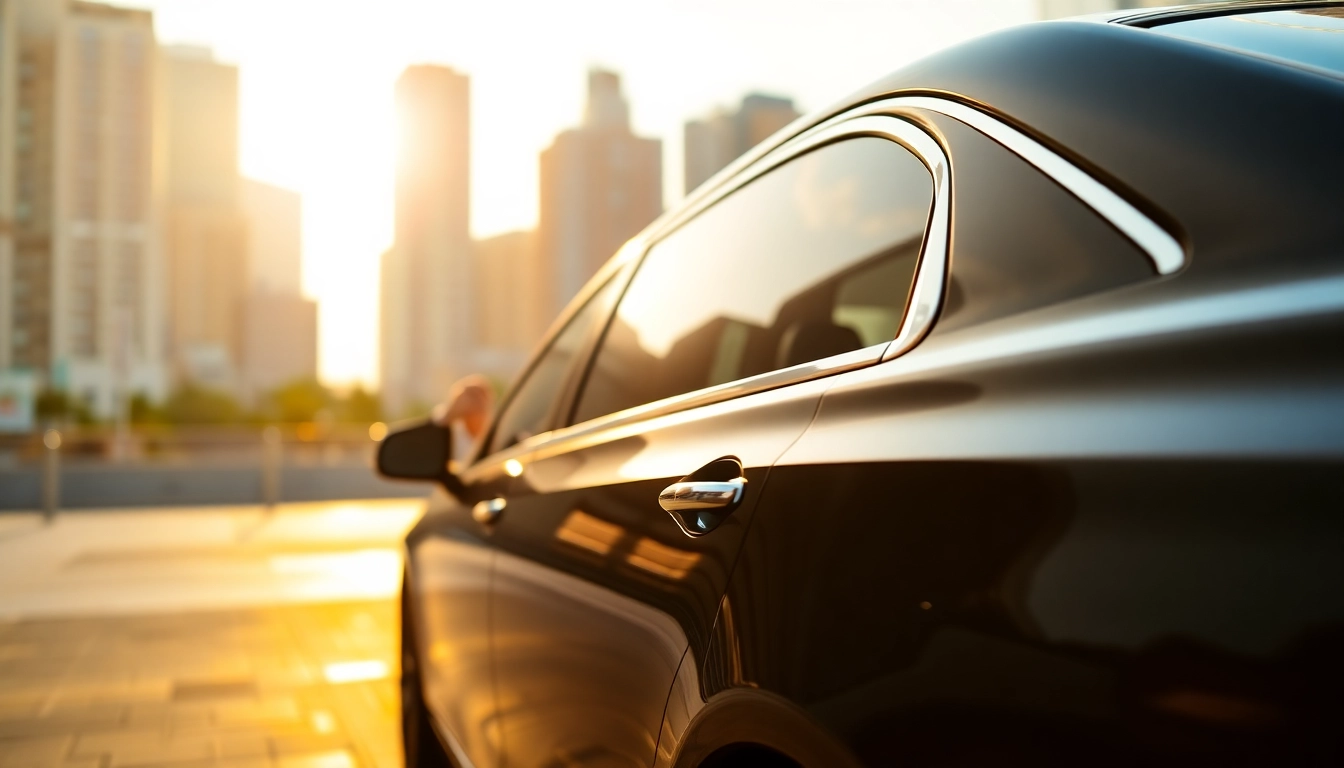 Experience a luxurious vip chauffeur service with a professional driver and elegant sedan against a stunning city backdrop.