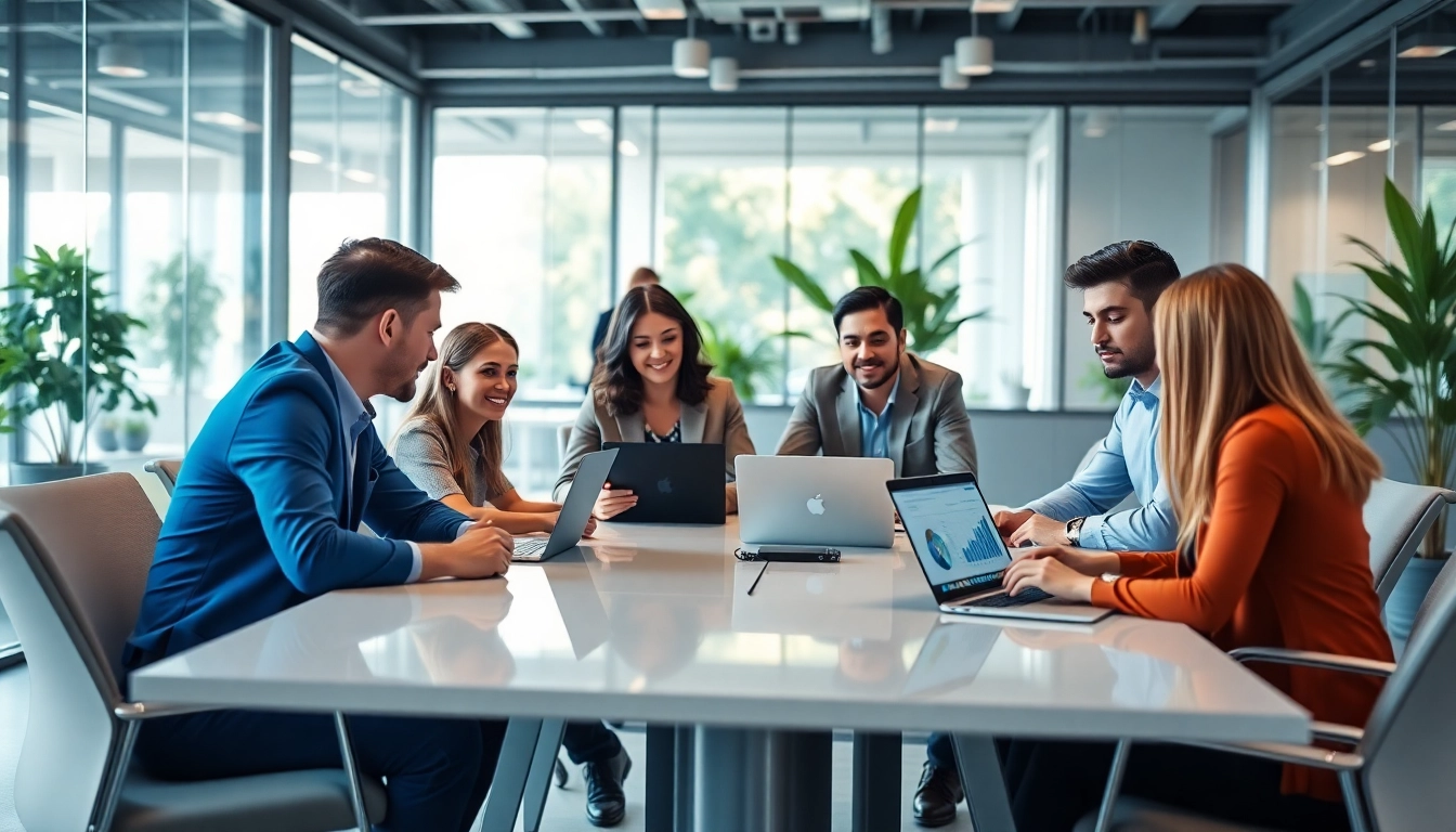 Engaging digital transformation consulting team collaborating in a modern office.
