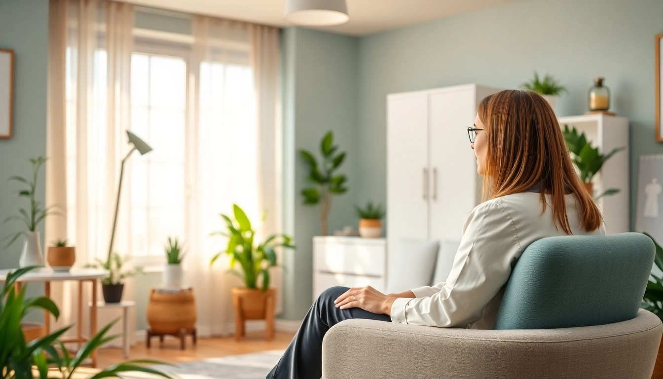 Therapist engaging with a client in a calming, professional environment.