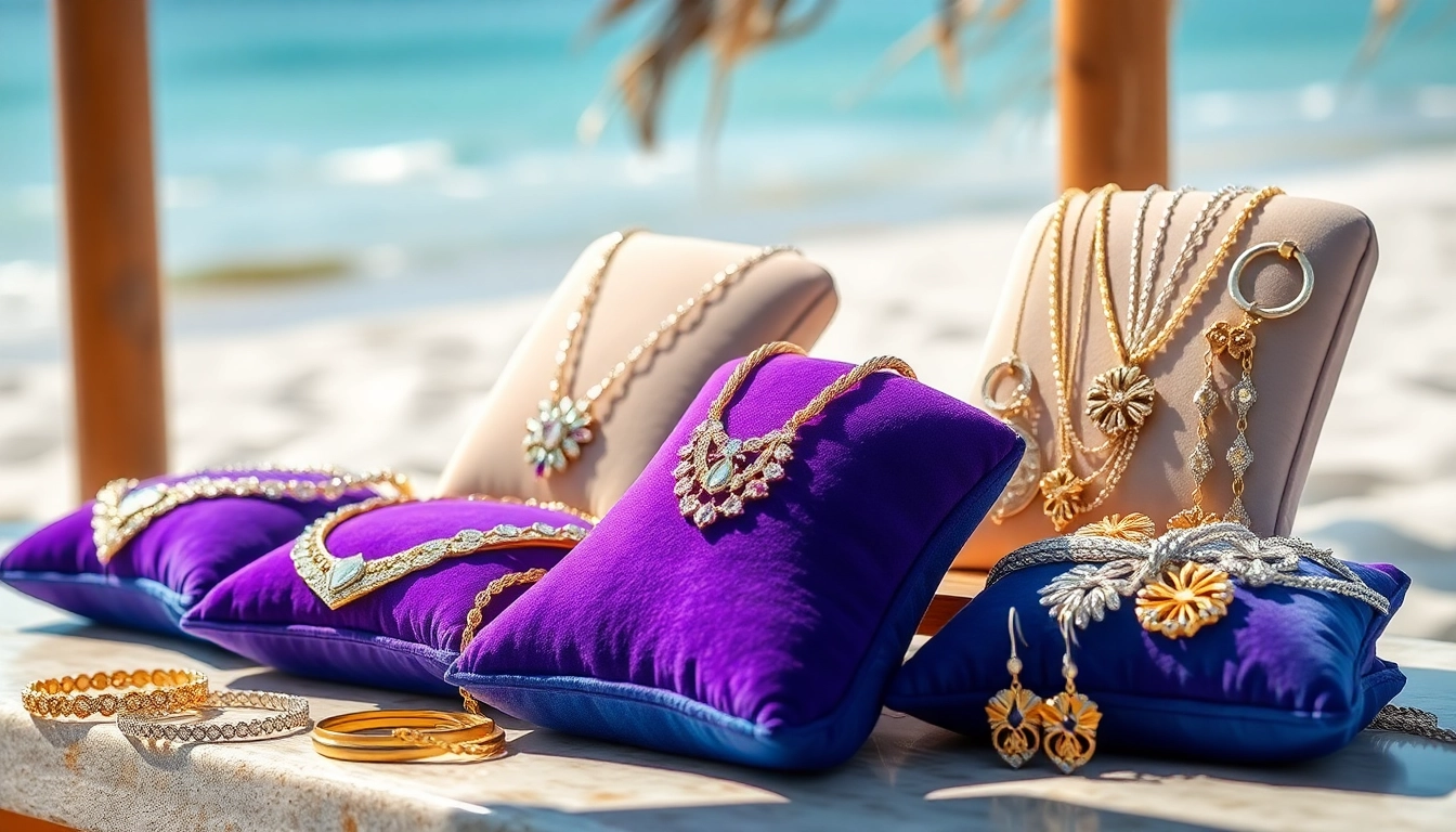 Showcasing luxurious 30a jewelry with intricate designs against a coastal backdrop.
