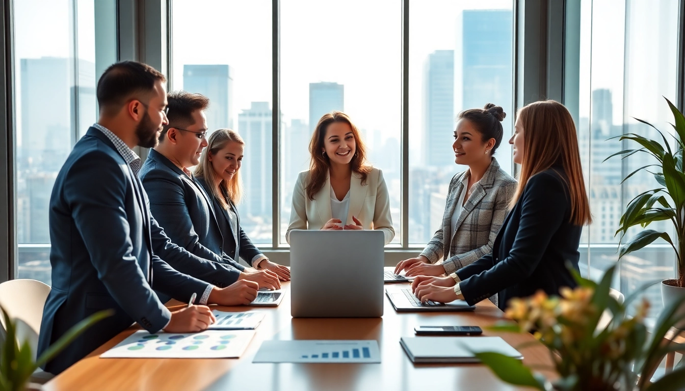 Engaged discussion among Quickplus Business Consultants in a professional office setting.